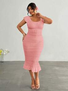 Firerie Plus Size Solid Color U-Neck Cap Sleeve Ruffle Hem Drawstring Summer Sweater Dress Fall - Pink - View 8