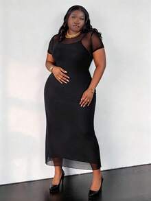 CurvyTilda Plus Size Women's Round Neck Mesh Panel Short Sleeve Dress With Colorblock Design - Black - View 4