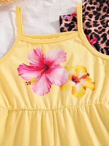SHEIN 3pcs Young Girls Polyester Sleeveless Spaghetti Strap Full Print Casual Summer Rompers Jumpsuits Set - Multicolor - View 6