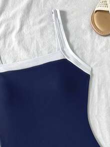 SHEIN Áo tắm liền thân màu xanh coban phối viền tương phản trắng dành cho thiếu nữ, thích hợp cho kỳ nghỉ hè ở bãi biển. - Xanh đậm - Xem 4