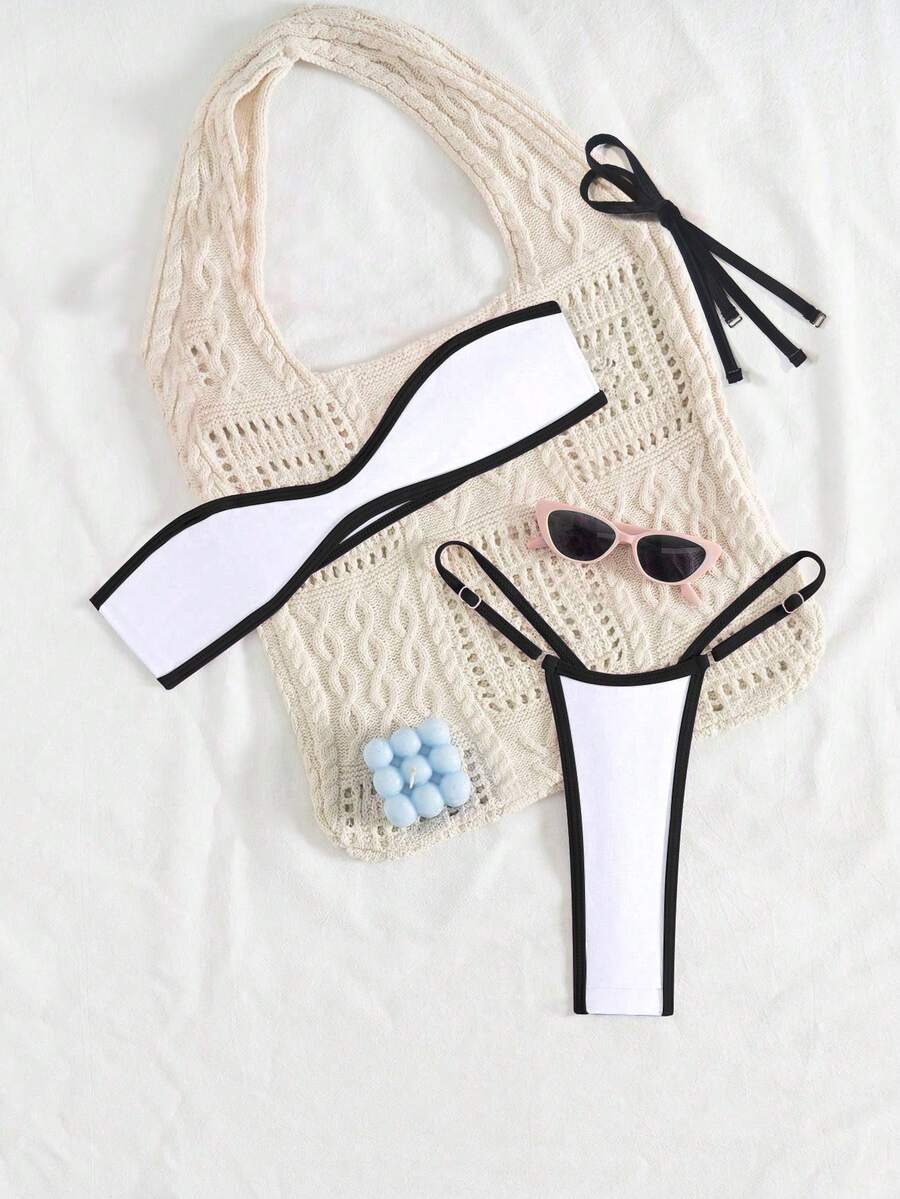 Swim SXY 女士撞色滚边细肩带可拆卸丁字裤比基尼套装,性感两件式泳衣比基尼套装,伊比沙岛 Zestiva 泳装两件套,女士比基尼度假套装,购买女士比基尼 - 彩色 - 查看 1