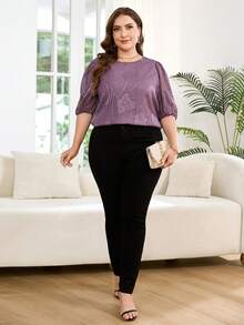 Reflora Plus Size Elegant Purple Summer Top,Formal Work Casual Solid Color Cutout Round Neck Blouse,Fashionable Sequin Sparkly Tops For Women - Purple - View 7