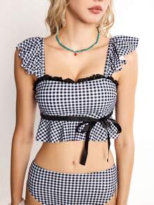 ROMWE Avant Bộ đồ bơi tankini kẻ caro viền bèo nhún dành cho nữ, thích hợp cho kỳ nghỉ biển. - Nhiều màu - Xem 3