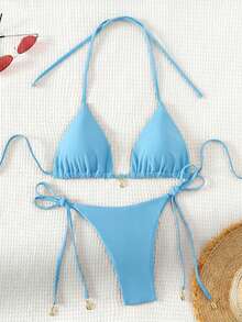 Bellisia 女款夏季海灘純色掛脖綁帶性感比基尼泳衣套裝 - 藍色 - 查看 6