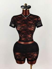 Mistrie Set de 2 piezas de top transparente de encaje y shorts, para verano - Negro - View 5