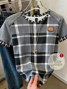EMERY ROSE Plus-Size Women's Casual Plaid Denim Print Short-Sleeved T-Shirt, Suitable For Spring, Summer And Autumn. - Multicolor - View 3