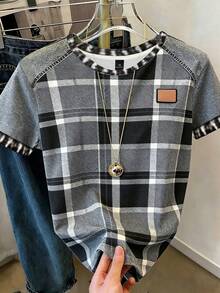 EMERY ROSE Plus-Size Women's Casual Plaid Denim Print Short-Sleeved T-Shirt, Suitable For Spring, Summer And Autumn. - Multicolor - View 4