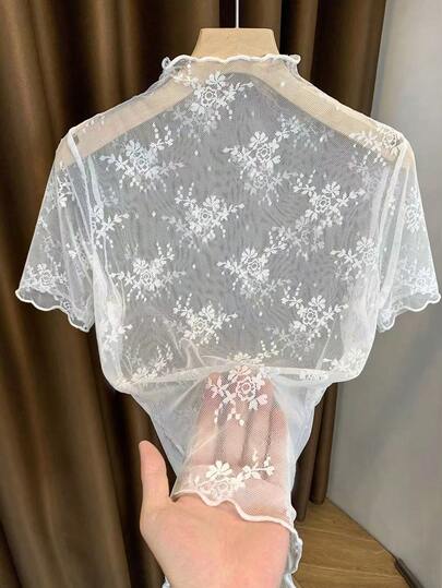 GlowEve CURVE Plus Size Embroidered Sheer Solid Color Stand Collar Elegant Short Sleeve T-Shirt