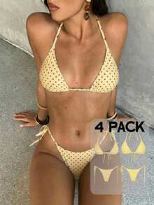 Aloruh 女款春夏新款泳衣，復古浪漫波點印花細肩帶三角杯比基尼套裝，側綁帶式，4件式泳衣 - 黃色 - 查看 1