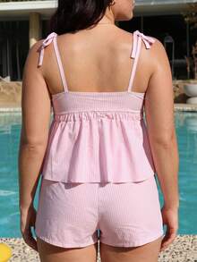 Swim Mod Plus Size Women 2 Pieces Striped Swimwear - Pink - View 2