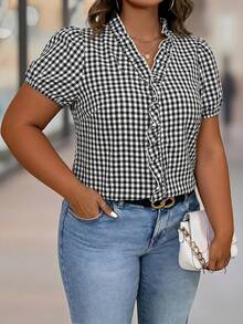 SHEIN Clasi CURVE V-Neck Puff Sleeve + Ruffle Trim French Style Blue & White Striped Plus Size Short Sleeve Blouse - Black - View 6
