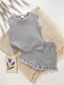 SHEIN Vintaside Kids 2件套女童条纹提花针织宽松背心短裤套装，适合休闲、度假、运动、夏季穿着 - 黑色 - 查看 4