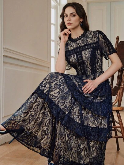 Anewsta New Summer Lace Ruffle Hem Dress, Elegant Versatile Long Dress