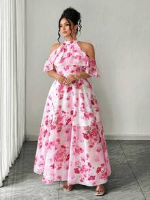 Elenzga Plus Size Women's Off-Shoulder Ruffle Hem A-Line Elegant Romantic Dress, Suitable For Valentine's Day - Multicolor - View 9