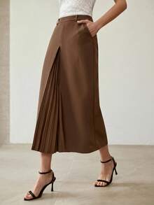 MOTF PREMIUM WOMEN'S PLEATED PATCHWORK SKIRT - Coffee Brown - View 6