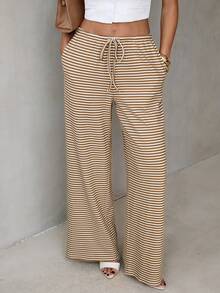 SHEIN Tall Quần ống rộng kẻ sọc màu nâu retro tối giản, thoải mái dành cho nữ, cạp thấp, có dây rút, kiểu dáng giản dị, thích hợp mặc ở nhà, bộ đồ hai mảnh gồm quần dài và quần ống rộng, bộ đồ mùa hè kẻ sọc. - Màu be - Xem 5