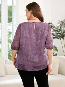 Reflora Plus Size Elegant Purple Summer Top,Formal Work Casual Solid Color Cutout Round Neck Blouse,Fashionable Sequin Sparkly Tops For Women - Purple - View 2