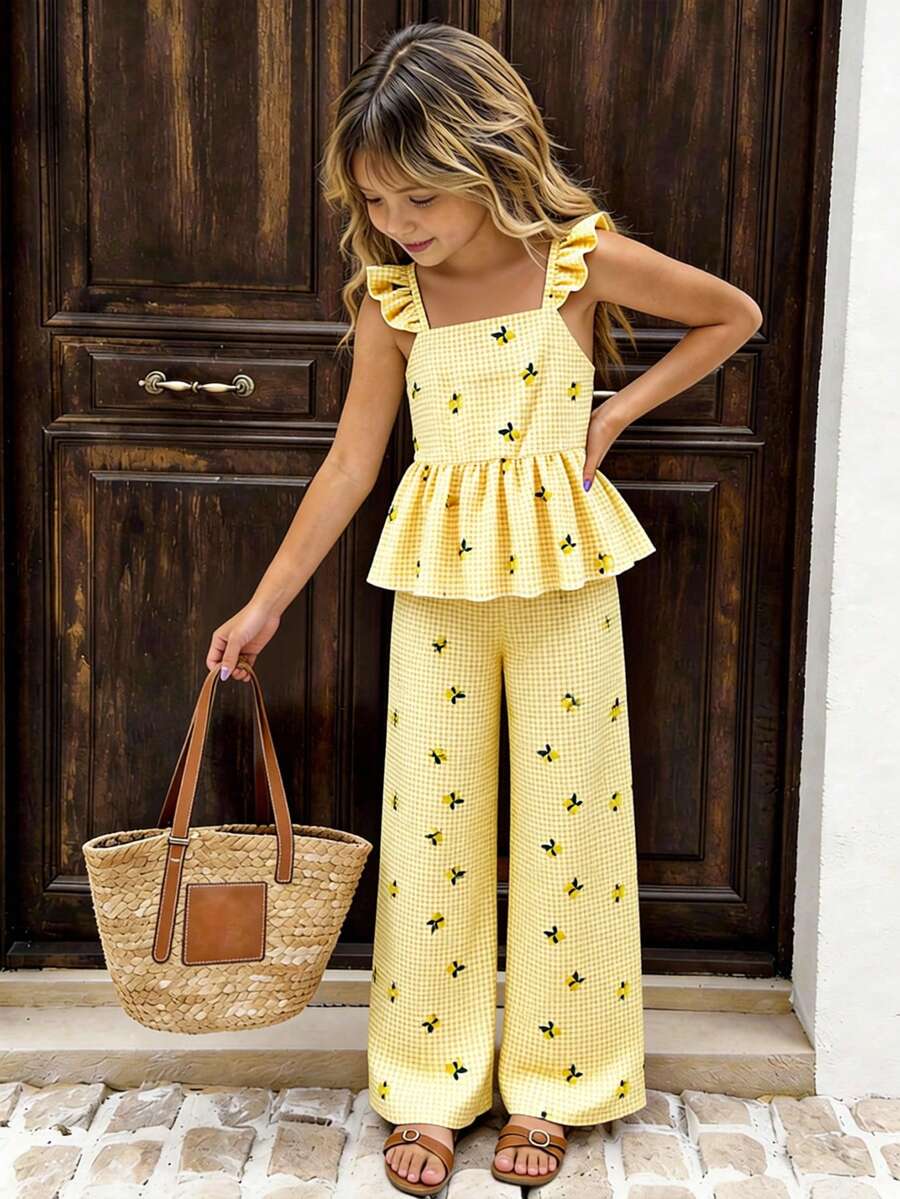 SHEIN Casuvi Kids Bộ đồ 2 mảnh Casuvi dành cho bé gái tuổi teen: Áo không tay in họa tiết kẻ caro chanh kỹ thuật số, quần ống loe, eo bó, thích hợp mặc hàng ngày và đi nghỉ mát vào mùa xuân/hè. - Màu vàng - Xem 1