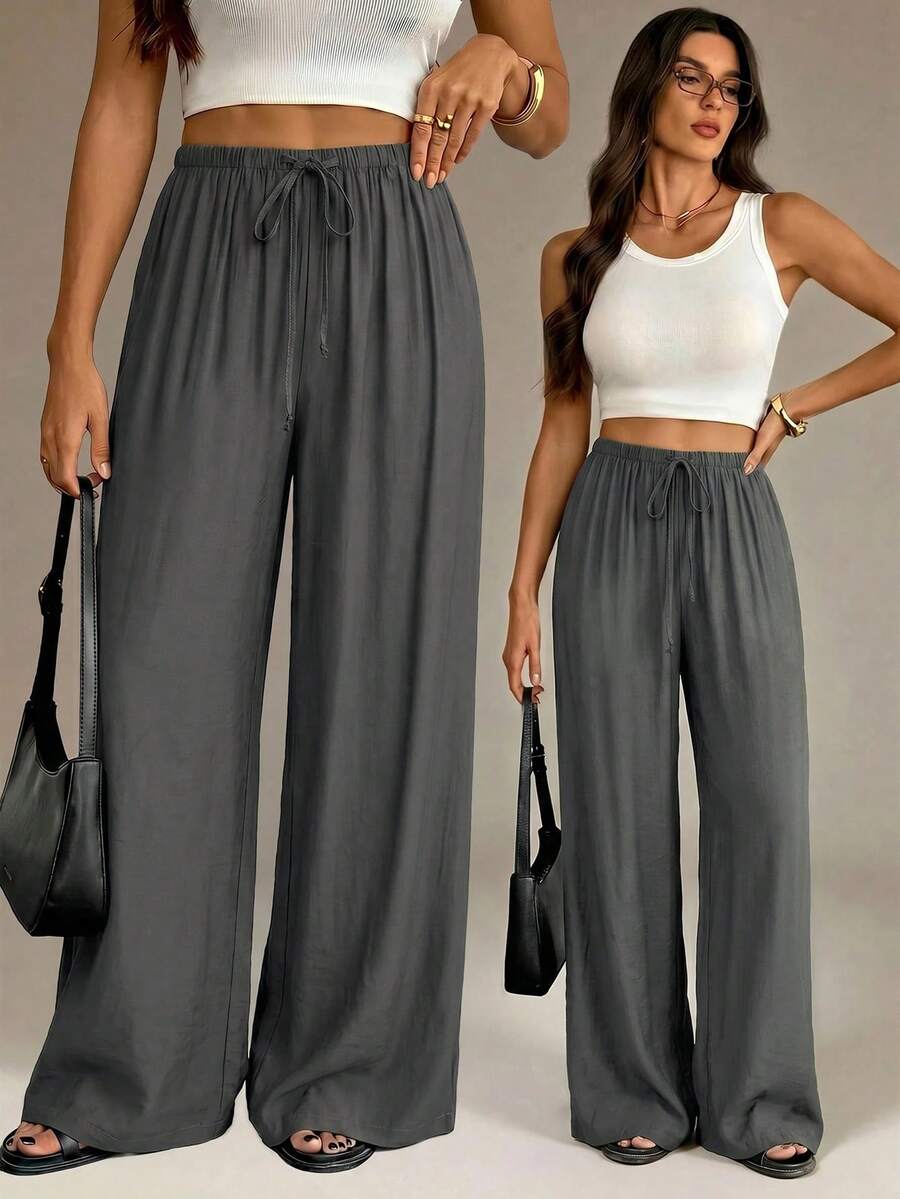 SHEIN Tall 女款灰色夏季時尚度假寬腿褲,優雅高腰寬鬆長褲,商務休閒辦公通勤,Y2K街頭風,適合高個女性 - 灰色 - 查看 1