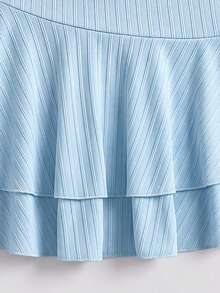 Sparklyn Elegant Yellow Textured Fabric Off-Shoulder Ruched Front Metal Decor Layered Ruffle Hem Playful Mini Dress, Suitable For Beach Vacation For Teen Girls In Spring/Summer - Dusty Blue - View 4