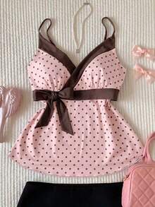 Comfortcana Áo hai dây buộc eo in chấm bi hồng dáng casual dành cho nữ, áo kiểu mùa hè. - Hồng - Xem 6