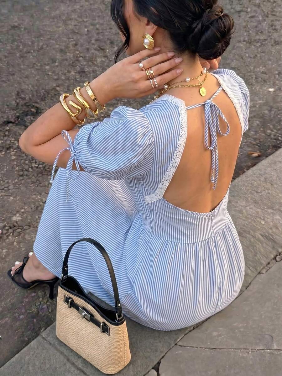 Selianne Vestido casual de fiesta con parches de encaje y volantes para mujer - Verde militar - Ver 1