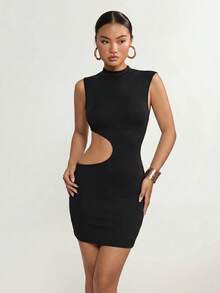 SHEIN ICON Women's Fashion Versatile Ruched Hollow Out Bodycon Dress - Black - View 1