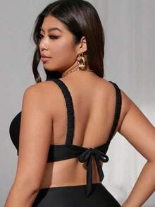 Swim Mod Plus Size Women's Solid Color Sweet Girly Style Tie Back Bikini Top - Black - View 2