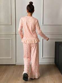 DAZY 2pcs Sweet Ditsy Floral & Embroidery Ruffle Trim Pajama Set For Women, Summer - Pink - View 2