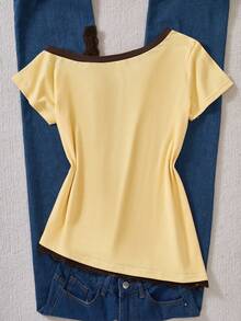 1pc Sweet American Style Fitted Patchwork Contrast Color Floral Print T-Shirt With Lace Trim, Summer - Multicolor - View 3