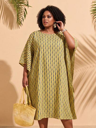 EMERY ROSE Vestido de manga corta con cuello redondo y estampado minimalista para tallas grandes