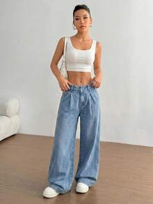 EMERY ROSE Jeans anchos de pierna ancha con pliegues y dobladillo lavado para uso casual diario de mujer - Azul - Ver 4