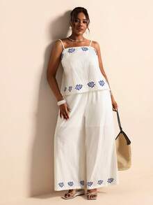 Elaquor Plus Size Minimalist Print Camisole Top And Pants 2 Pieces Set Casual Two Piece Set For Women Flower Print Sets Boho Style Two Pieces Set For Women - White - View 4