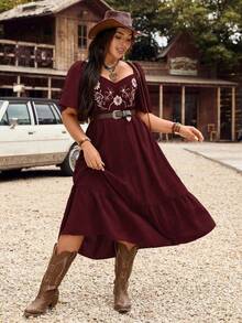 LanaWest CURVE Vestido casual de vacaciones de talla grande para mujer, de primavera/verano, de unicolor, con bordado, cintura con cordón, mangas con volantes y bajo con volantes - Burdeos - Ver 5