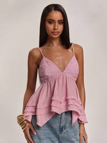SHEIN BAE Women's Pastal Linen Fabric Lace Embroidery Patchwork Ruffle Strap Camisole,Summer Boho Sexy Vacation Beach Golf Top,Elegant Off-Shoulder Cute Blouse - Yellow - View 4