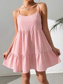 SHEIN EZwear 莲藕粉色休闲吊带露背荷叶边连衣裙 - 藕粉色 - 查看 7