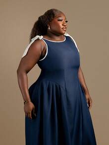 CurvyTilda Plus Size Crew Neck Sleeveless Contrast Trim Bow Decor Waist Flare Hem Khaki Casual Dress Navy Blue Elegant Dress Captains Dinner Dress Retro Dresses For Woman Dark Blue Dress Tea Length Dress - Navy Blue - View 3