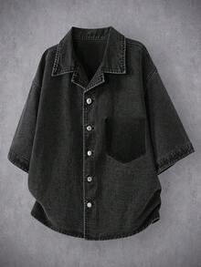 Manfinity Denimwave 男士深灰色夏季街頭休閒牛仔襯衫，復古水洗口袋陰影設計層次上衣，3D剪裁落肩中袖，度假風 - 黑色 - 查看 1