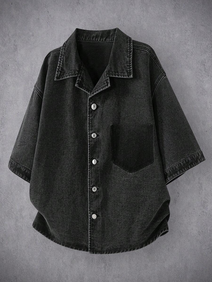Manfinity Denimwave 男士深灰色夏季街頭休閒牛仔襯衫,復古水洗口袋陰影設計層次上衣,3D剪裁落肩中袖,度假風 - 黑色 - 查看 1