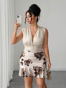 Elenzga Gaun Mini Bodycon Tanpa Lengan Motif Mawar Rajut Satin dengan Dekorasi Gesper Berlian Elegan untuk Wanita Ukuran Plus, Musim Semi/Panas - Aprikot - View 4