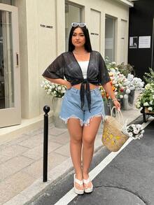 SHEIN EZwear 春夏新款休闲百搭针织弹力透视荷叶边短袖系带露脐上衣，适合日常穿着、派对、通勤、婚礼、音乐节、返校、度假、街头风、居家、都市漫步等场合，尺码齐全。 - 黑色 - 查看 6