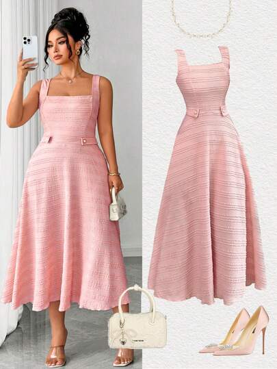 Elenzga Plus Size Women's Summer New Pink Square Neck Textured Pearl Button Decor Waist Cinching Slimming Elegant Mid-Length Sleeveless Dress, Suitable For Daily, Commute, Date, Party