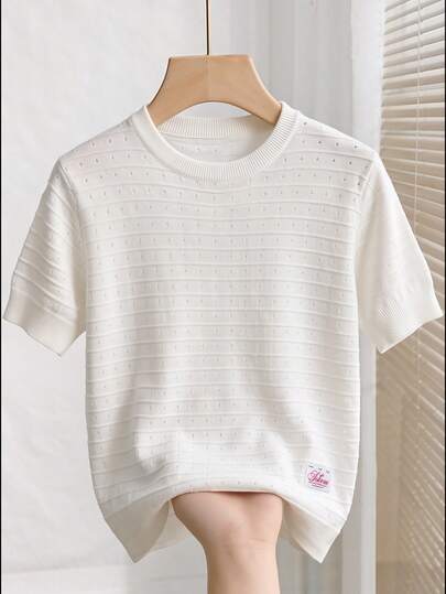 TOKVUE Camiseta de punto de manga corta con cuello redondo y aplicación de unicolor para hombre, de verano