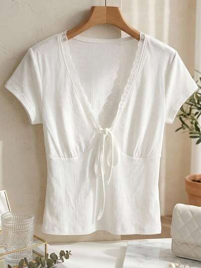 Dazy Plus Plus Size Women's V-Neck Semi-Sheer Lace Patchwork Textured Drawstring Tie Slim Fit Casual Pullover T-Shirt, Spring/Summer