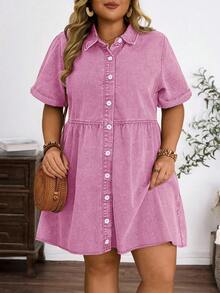 EMERY ROSE Plus Size Women's Vintage Washed Denim Snowflake Print Dress, Spring/Summer - Baby Pink - View 1