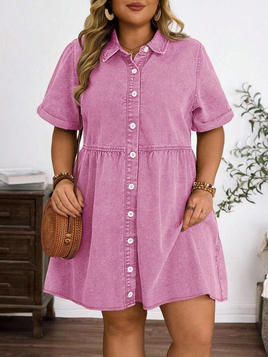 EMERY ROSE Plus Size Women's Vintage Washed Denim Snowflake Print Dress, Spring/Summer - Baby Pink - View 1