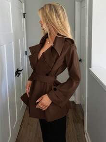 Sydney Algeri 女士时尚优雅双排扣束带风衣法式风衣女装风衣秋冬女装风衣 - 棕色 - 查看 3