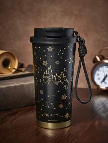HARRY POTTER X SHEIN Garrafa térmica de aço inoxidável com isolamento a vácuo de 500 ml / 16 oz, 1 tampa à prova de vazamentos, adequada para bebidas quentes e frias, compatível com a maioria dos porta-copos. - Preto - Ver 7