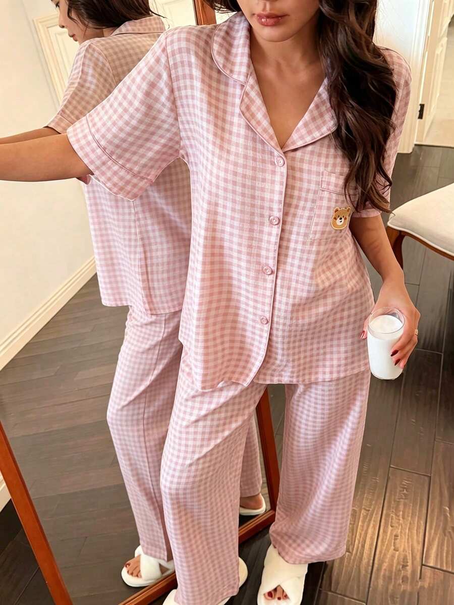 Napfluff Plaid Print Cute Bear Graphic Embroidered Pocket Front Button Short Sleeve Pants Women Pajama Set, Loungewear - Multicolor - View 1