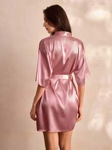 Charlaine 1 pieza Bata de satén sólido con cinturón, Lujoso atuendo de descanso, Otoño, Invierno - Rosa vieja - Ver 3